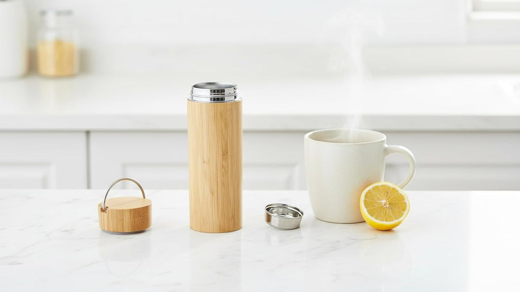 Bamboo Tea Tumbler with Infuser - 17oz Double Wall Vacuum Insulated Stainless Steel Travel Mug | Leakproof Thermal Flask